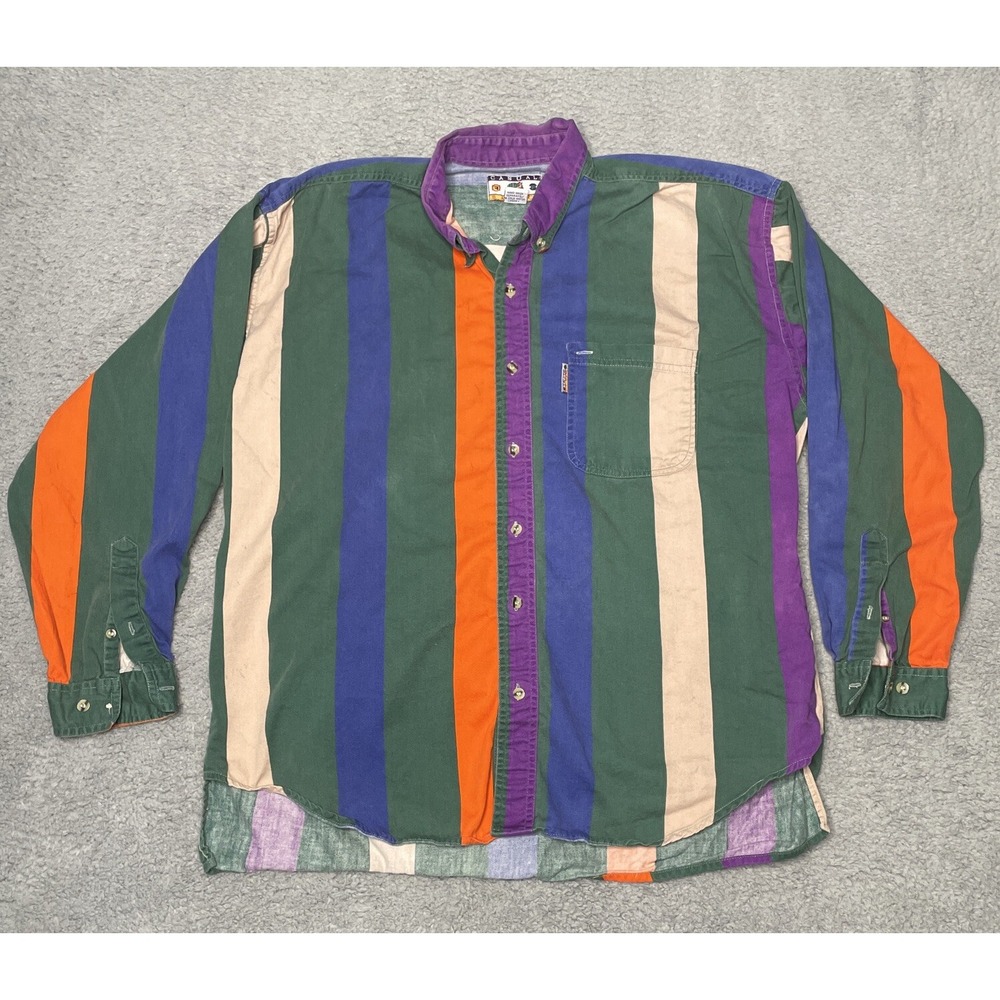 Vintage Retro 90s Casual Basics Vertical Striped Button Down Shirt Men's XL‎